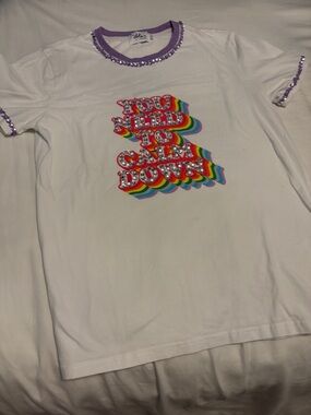 Lola + The Boys White Tee with Rainbow Graphic and Purple Trim
